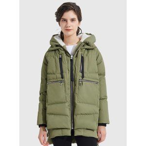 OROLAY Thickened Down Jacket Coat Parka Faux Sherpa Lined Hooded Green Small